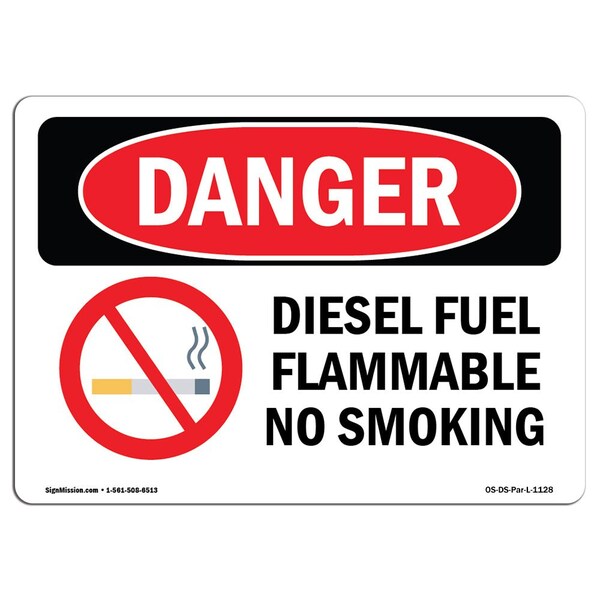 OSHA Sign, Diesel Fuel Flammable No Smoking, 18in X 12in Rigid Plastic, 12" W, 18" L, Landscape